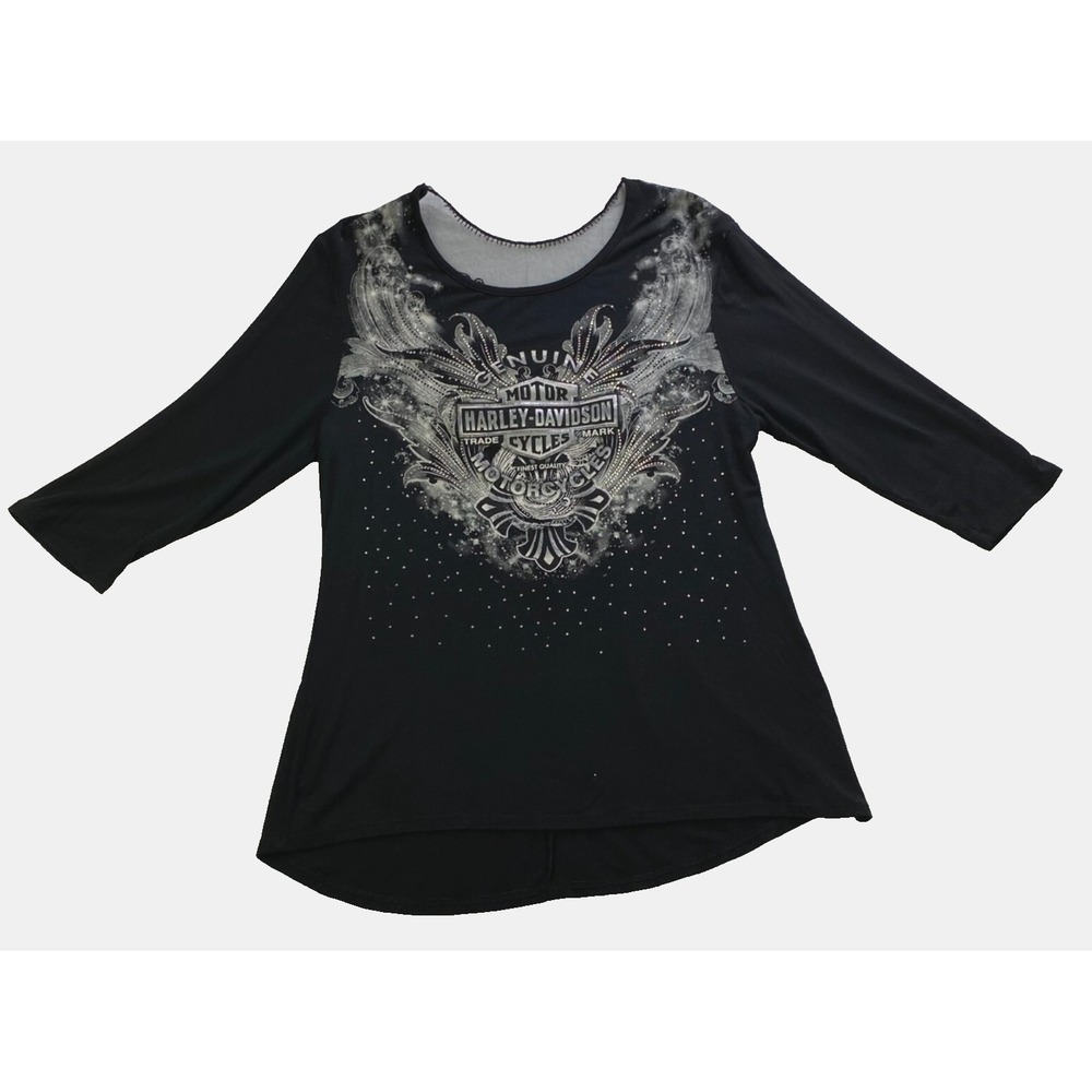 Harley Davidson Women's Shirt Size L Black Scoop Neck Angel Wings 3/4 Sleeve